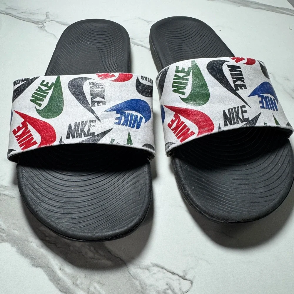 Nike Benassi JDI Print Slides Mens White Multi Color Logo Sandals 631261-101